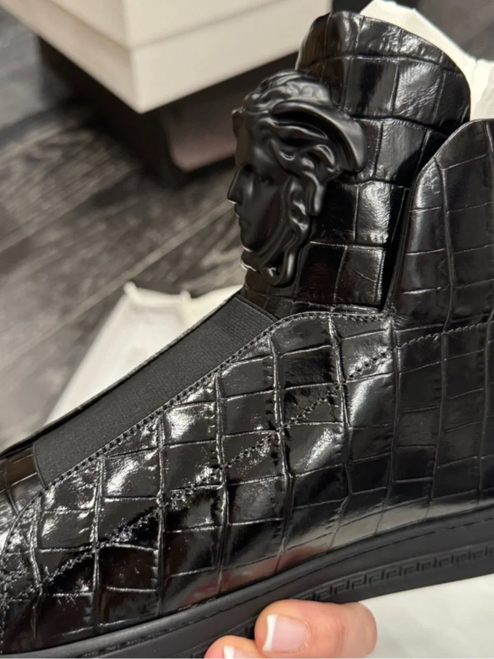 Versace Black Croc-Embossed Slip-On Loafer with Medusa Detail